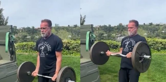 Forte como sempre aos 73 anos, Arnold Schwarzenegger pratica rosca direta com uma boa carga