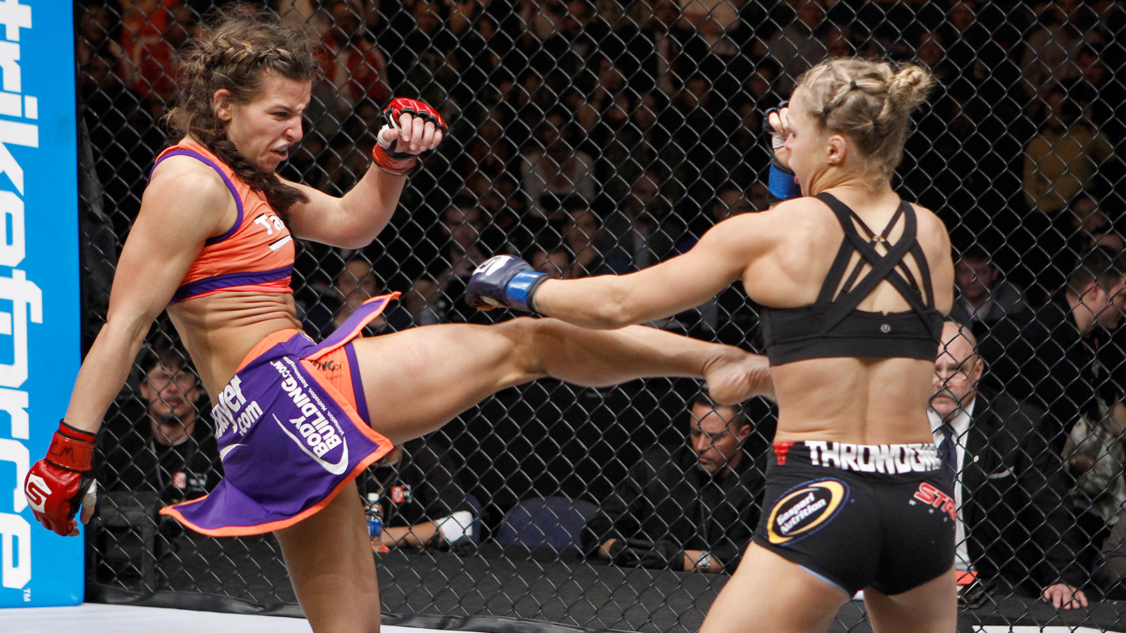 COLUMBUS, OH - MARCH 03: (L-R) Miesha Tate kicks Ronda Rousey during the Strikeforce event at Nationwide Arena on March 3, 2012 in Columbus, Ohio. (Photo by Esther Lin/Forza LLC/Forza LLC via Getty Images) *** Local Caption *** Miesha Tate; Ronda Rousey