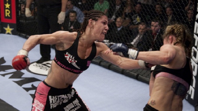 SUNRISE, FL - JANUARY 30: (L-R) Cristiane "Cyborg" Santos punches Marloes Coenen during the Women's Featherweight Championship bout at the Strikeforce Miami event on January 30, 2010 in Sunrise, Florida. (Photo by Esther Lin/Forza LLC/Forza LLC via Getty Images)