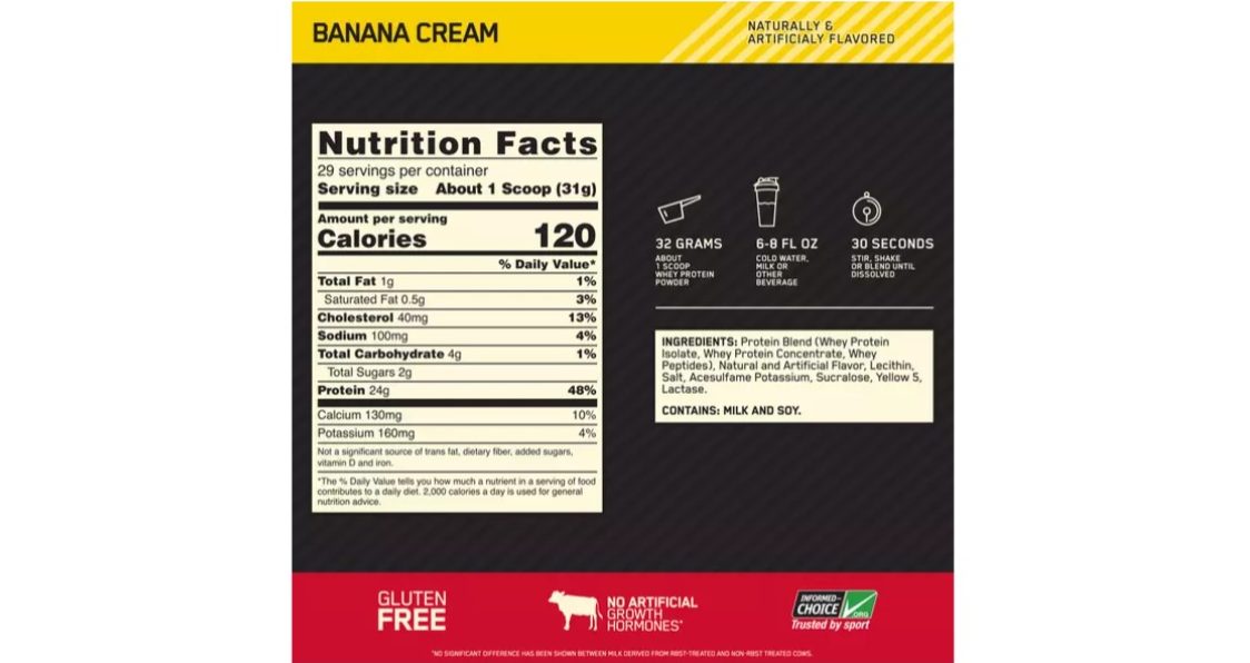 Optimum Nutrition Gold Standard 100% Whey Protein Powder Label