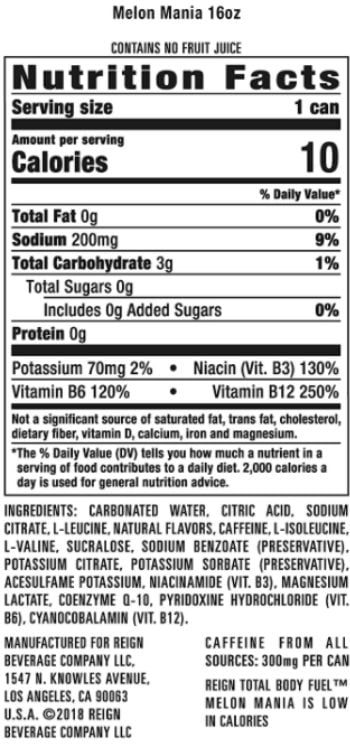 reign energy drink nutrition label