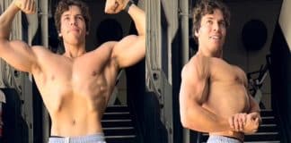 Joseph Baena, the son of Arnold Schwarzenegger, shows off his physique following a workout by hitting some poses.