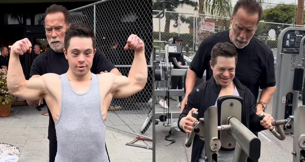 Arnold ran into Kyle Landi at Gold's Gym and led some exercises and poses.