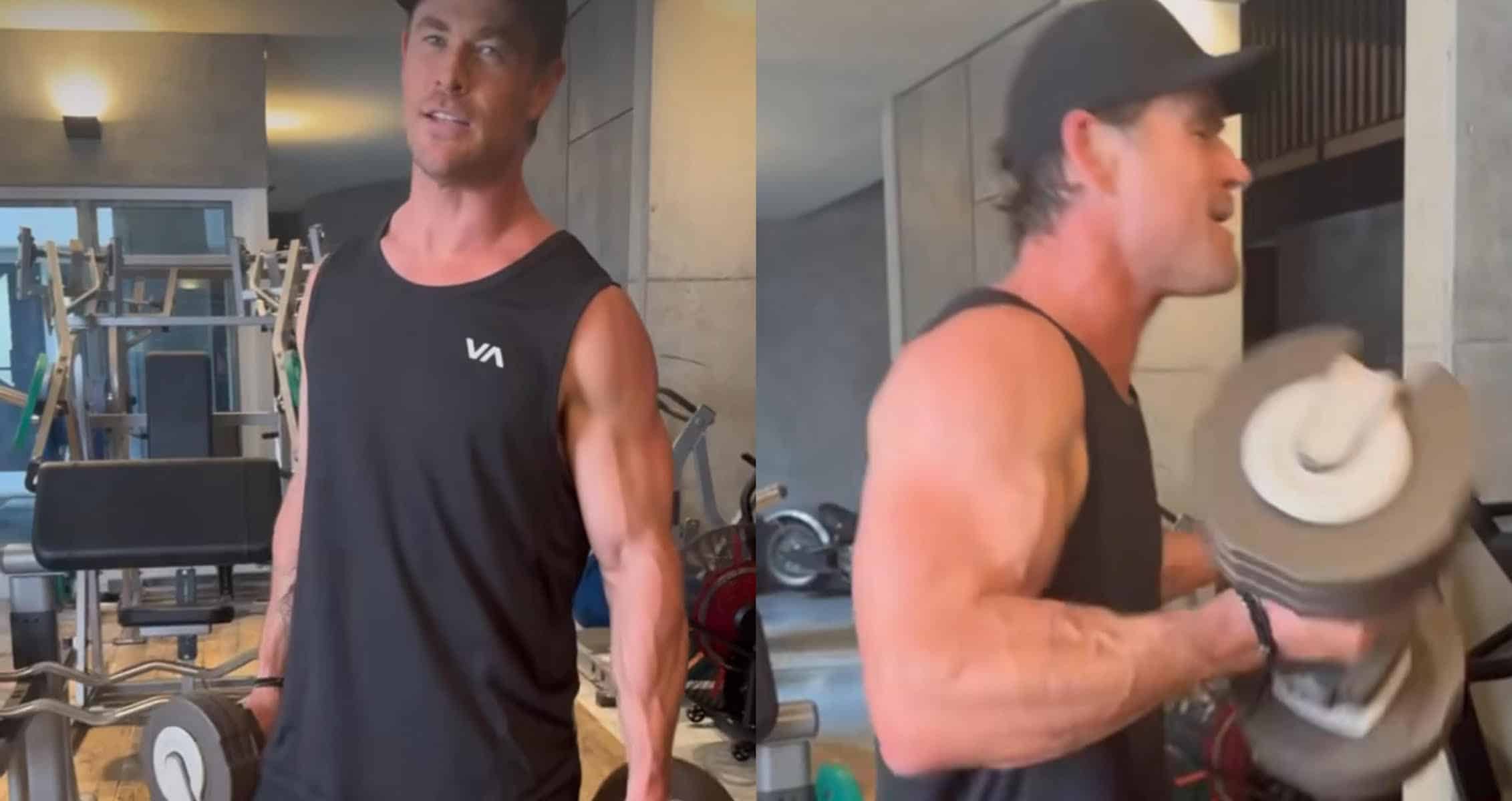 Chris Hemsworth shows off his biceps during a 28-day arm program