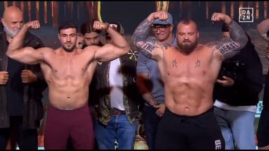 Eddie Hall and Tommy Fury Break Into Bodybuilding-Style Posedown Ahead of Boxing Match